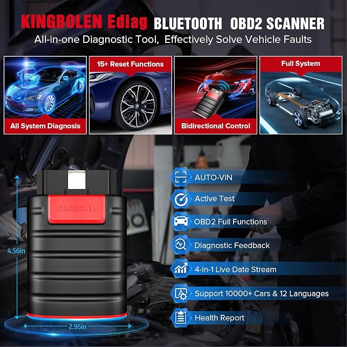 KINGBOLEN Ediag OBD2 Scanner Bluetooth, Full System Bidirectional Scan Tool | All Software 1 Year Update For iOS & Android, Active Test Code Reader with ECU Function, 15+ Reset Service, FCA AutoAuth