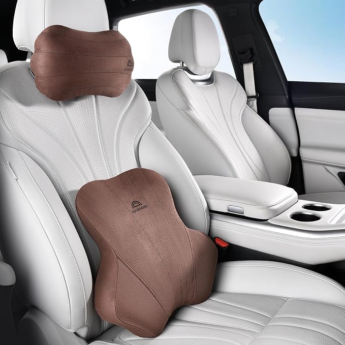 Coverado Car Lumbar Support Pillow and Car Neck Pillow Kit, Ergonomic Design Car Headrest Pillow for Driving, Relax Back Head Muscles Relieve Driving Fatigue, Breathable & Removable Cover