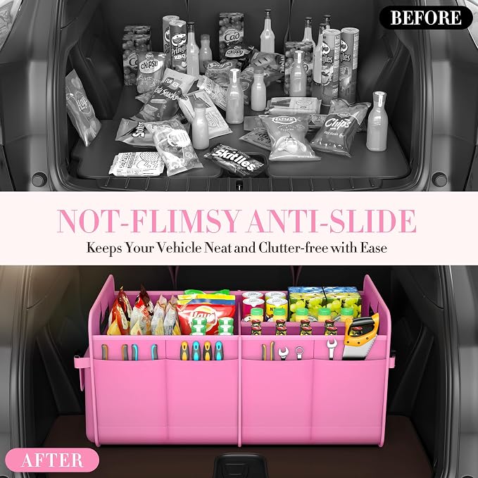 titiyiof Trunk Organizer For Suv & Sedan,Car Organizers and Storage, Waterproof Collapsible & Adjustable Straps,70L Sturdy Car Organization for Car Accessories, Tools,Sundries,2-3 Compartment（Pink