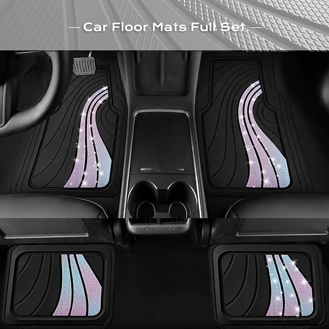 Road Comforts Car Floor Mats Full Set – Front & Rear Car Floor Mats with Aluminum Design, Anti-Slip Backing, All-Weather Protection, Trim-to-Fit Car Mats for Most Sedans, SUVs & Vans - Glitter