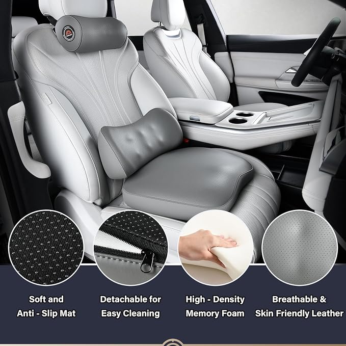 Coverado Seat Cushion and Lumbar Support Pillow for Driving Seat, Neck Headrest Pillow with Adjustable Strap, Soft and Breathable PU Leather, High Density Memory Foam for Neck & Lower Back Pain Relief