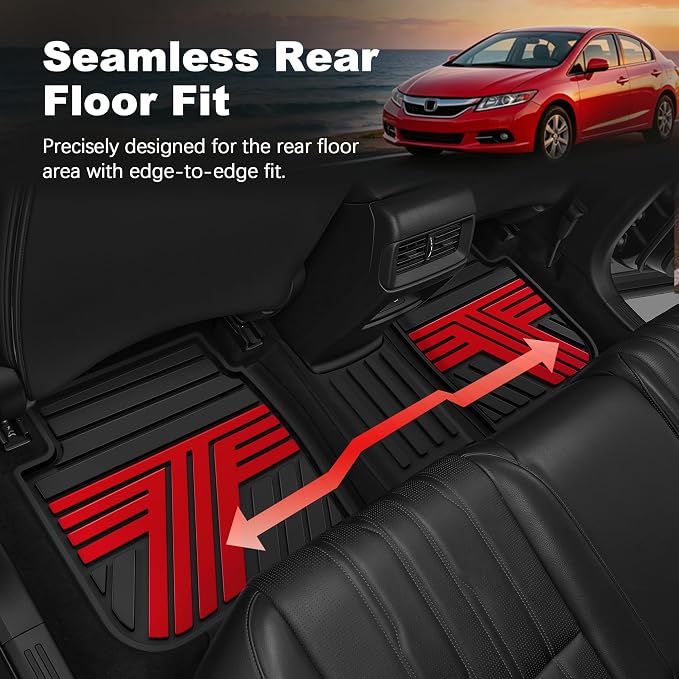 Rubber Floor Mats for Honda Civic Sedan 2012-2015 (Not for Coupe) | All Weather Heavy Duty Car Mats Fit for Civic, 1st & 2nd Row, Black & Red