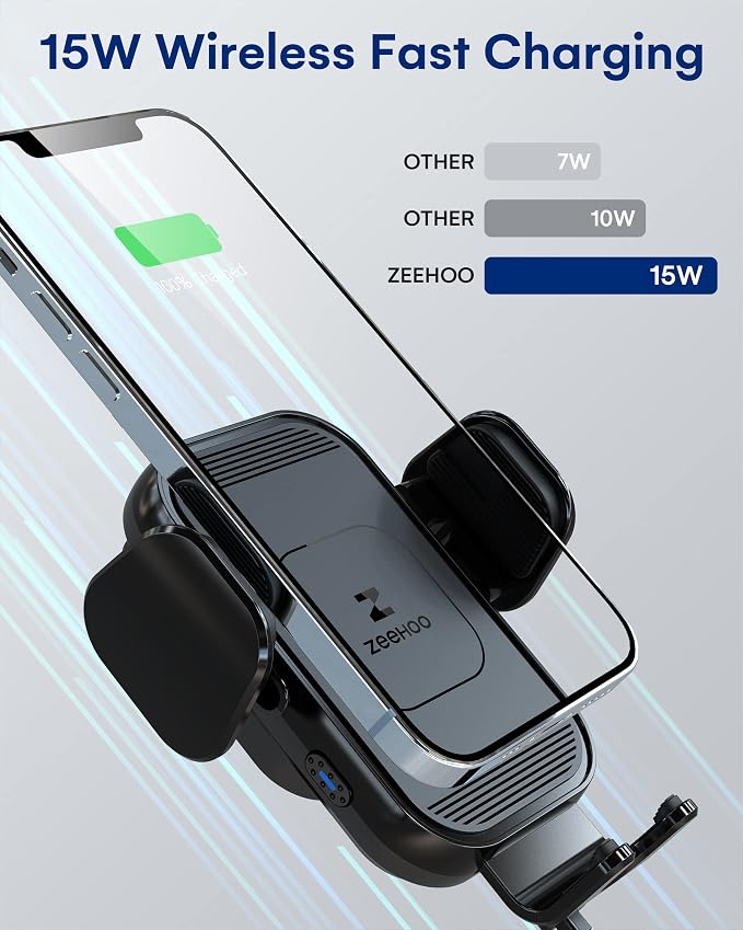 ZeeHoo Wireless Car Charger, 15w Fast Charging, Auto Clamping Car Phone Mount, Cell Phone Holder Charger, for iphone17 16 15 14 13 12 11 Pro Max Xs, Etc. (Black)