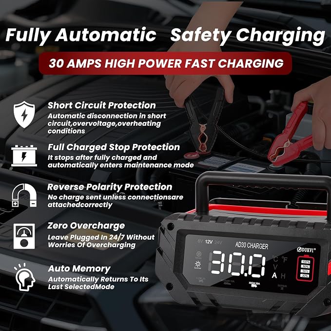30 Amp 6V/12V/24V Smart Trickle Charger, Car Battery Charger, Lithium, Lifepo4, Lead Acid (AGM/Gel/SLA) Automatic Battery Maintainer, Battery Desulfator for Boat, Motorcycle, Lawn Mowers
