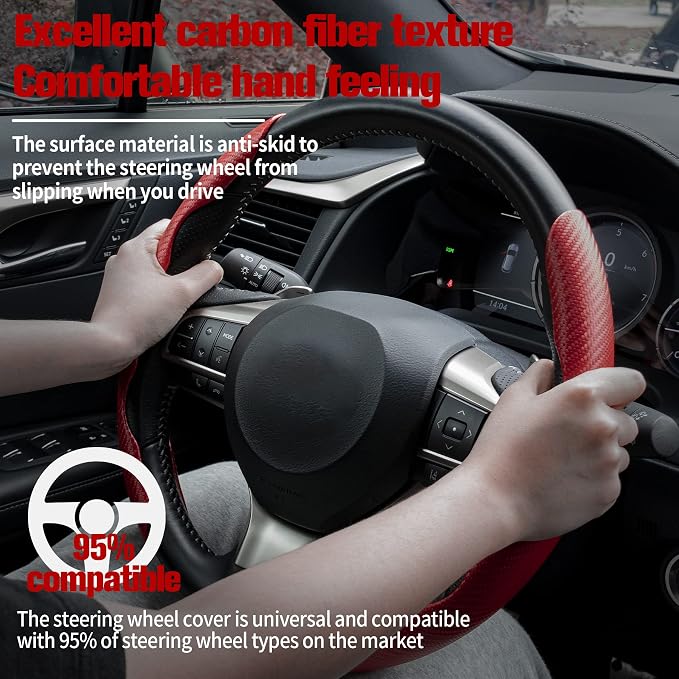 Amiss 2pcs Carbon Fiber Anti-Skid Steering Wheel Cover, Waterproof & Segmented Butterfly Design, Universal 99% Vehicle Wheel Cover Protector, Car Interior Accessories (Red-2pcs)