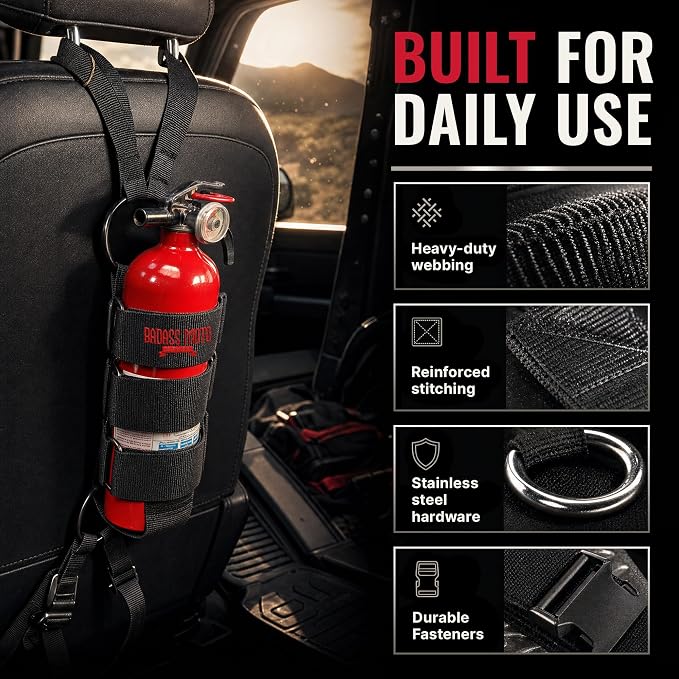 Badass Moto Car Fire Extinguisher Mount - Automotive Fire Extinguisher Mount for Vehicle Car Seat Headrest - Tool Free Seat Back Strap Install. Safety Kit Accessories for Jeep, Truck & SUV - 16 Pack