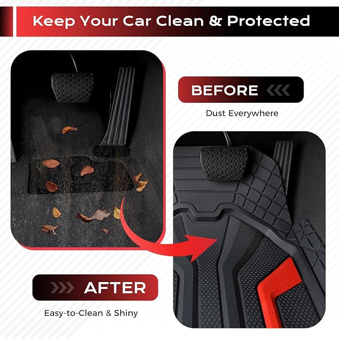 Coverado Car Floor Mats for Cars, Deep Dish All Weather Floor Mats, Car Floor Mats All Weather with Anti-Slip Backing, Car Mats Universal Trim to Fit Car Mat for Cars SUV Truck Vans (4 Pcs, Black&Red)