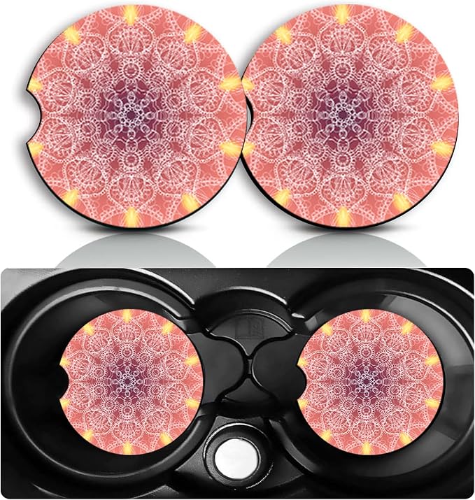 Mandala Car Cup Holder Coasters Set of 2 – Fun Orange Mandala Car Accessories 2.75" Universal Size Anti Slip Rubber Mat Recessed Auto Insert Coasters Decor Datura Gifts for Women Men Dad Grandpa