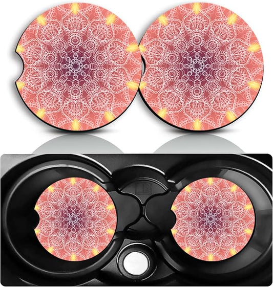 Mandala Car Cup Holder Coasters Set of 2 – Fun Orange Mandala Car Accessories 2.75" Universal Size Anti Slip Rubber Mat Recessed Auto Insert Coasters Decor Datura Gifts for Women Men Dad Grandpa