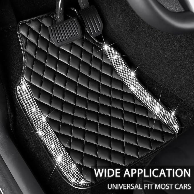NBTEPEM Bling Leather Car Floor Mats Full Set, Sparkly Diamond Car Mats Universal Fit Most Automotive, Glitter Rhinestone Carpet Waterproof Anti-Slip, 5 pcs Set (Black Leather Silver Diamond)