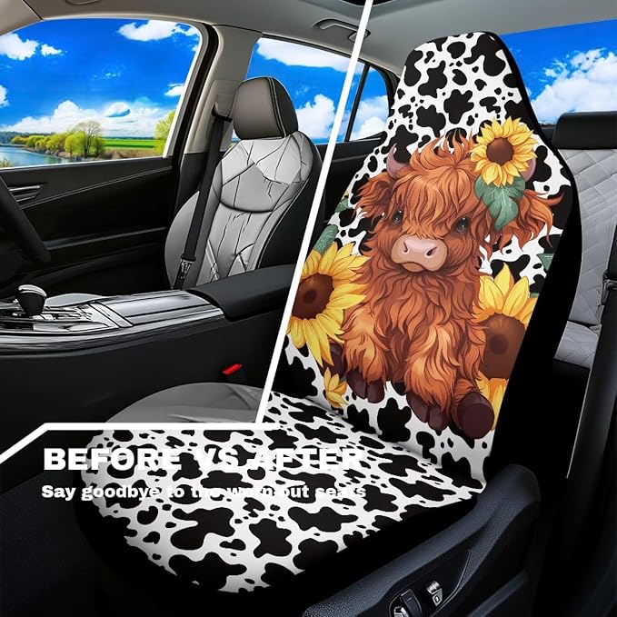 Cute Sunflower Highland Cow Front Seat Covers for Cars Bucket Seat Covers Black Cow Spots Decorative Automotive Seat Cushion Protectors Covers Automotive Accessories Interior Decoration