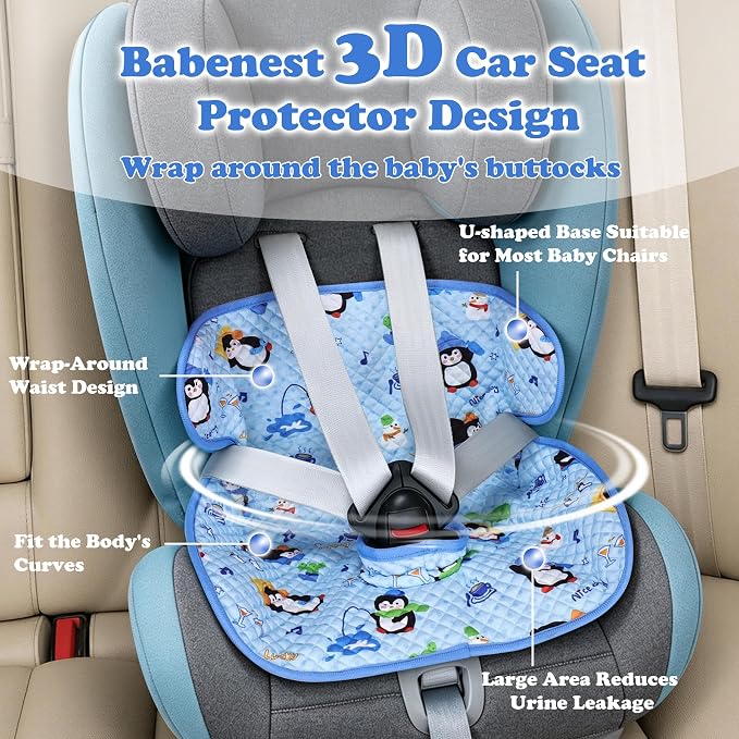 Babenest Car Seat Potty Protector Cover -Waterproof Carseat Training Liner for Baby &Toddler Shower Gift, Dry Piddle Pee Pad with Fun Designs for Strollers & Infant Car Seats (Blue-Penguin, 1 Count)