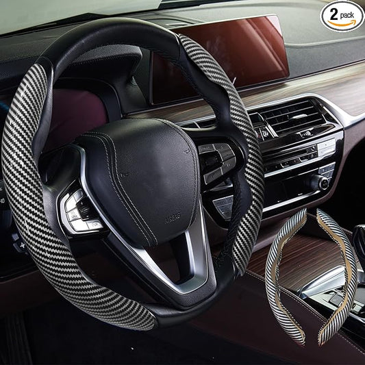 WOCOCN 2pcs Car Steering Wheel Cover,Anti-Skid Carbon Fiber Steering Wheel Protector for Men Women,Multiple Color Options,Universal for Most Car Interiors Accessories (Bright Silver)