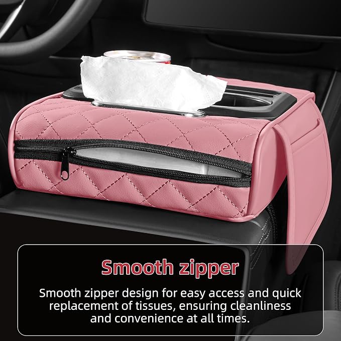 5 in 1 Nappa Leather Console Armrest Cover, Pink | Built-in cup holder, tissue slot, phone holder & 2 storage pockets, practical car accessories fit SUV sedan truck