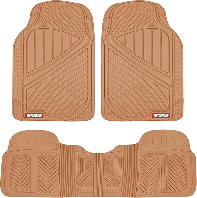 Motor Trend FlexTough Performance All Weather Rubber Car Floor Mats with Cargo Liner - Full Set Front & Rear Floor Mats for Cars Truck SUV, Automotive Floor Mats (Beige)