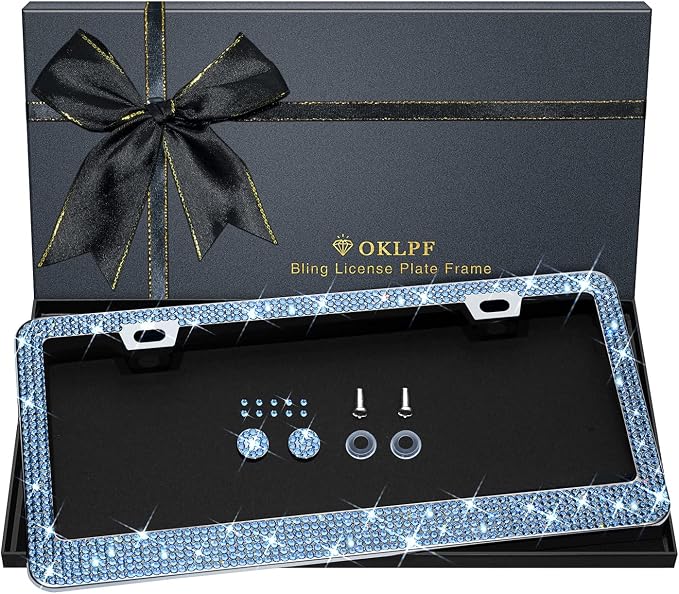 Bling License Plate Frame for Women, 1PCS Sparkly License Plate Frames| Over 1200 pcs 14 Facets Bedazzled Clear Glass Diamond Rhinestone Crystals w/Free Glitter Diamond Box (Light Blue)