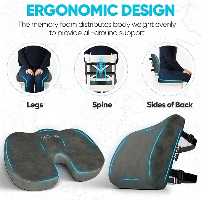 FORTEM Seat Cushion, Office Chair Cushion, Lumbar Support Pillow for Office Chair, Memory Foam Car Seat Cushions, Sciatica Coccyx Tailbone Pain Relief, Cushions for Back Support, Washable, Non Slip XL