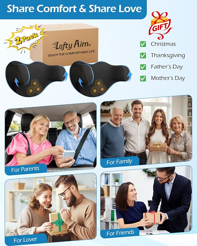 Lofty Aim 2 Pack Car Neck Pillow, Car Headrest Pillow | Ergonomic Memory Foam Headrest Pillow for Driving, Adjustable Neck Support Cushion, Head Rest Pillows for Car Seat, Black
