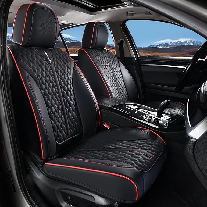 Coverado Front Seat Covers, Waterproof Seat Covers, 2 Pack Nappa Leather Car Seat Covers, Black Seat Covers for Cars, Automotive Seat Covers Universal Car Seat Protector Fit for Most Cars, Black&Red