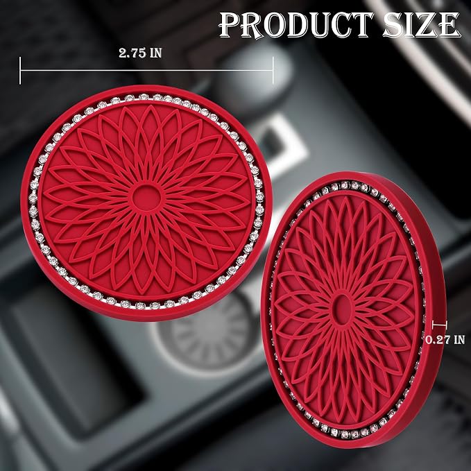2PCS Bling Car Cup Holder Coasters, 2.75 Inch Silicone Anti-Slip Insert, Bling Shockproof Cup Mat for Women Girls, Universal Fit for Most Vehicles (Red & White)