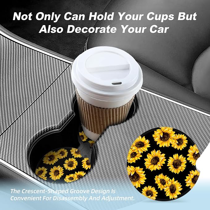 Sunflower Car Coasters for Cup Holders,2 Pack Car Cup Holder Coasters for Car,Ceramic Absorbent Car Coaster with A Finger Notch and Cork Base,Car Interior Accessories for Women Men