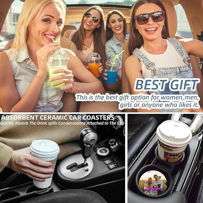 Personlized Cup Holder for Car,Upload Your Design/Logo/Photo Here. Ceramic Coasters Non-Slip Cup Holder Insert with Fingertip Grip, Auto Interior Accessories for Women & Men,Pack of 2, 2.56In