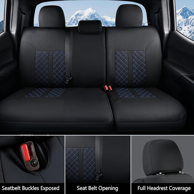 Truckiipa Full Set Leather Seat Covers Fit for Toyota Tacoma Full Coverage Waterproof Seat Covers Cushion Protector Fit for 2016-2023 Toyota Tacoma Double Crew Cab, Full Set, Black&Blue