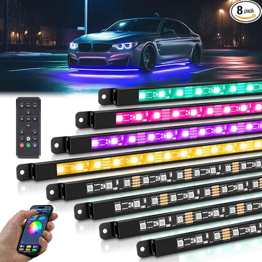 MICTUNING 8Pcs N8+ RGBW Underglow LED Lights for Cars, APP & Remote Dual Control, IP68 Waterproof Aluminum Multicolor Modes Music Soundsync Exterior Neon Accent Car Underglow Kit, 2 Years Warranty