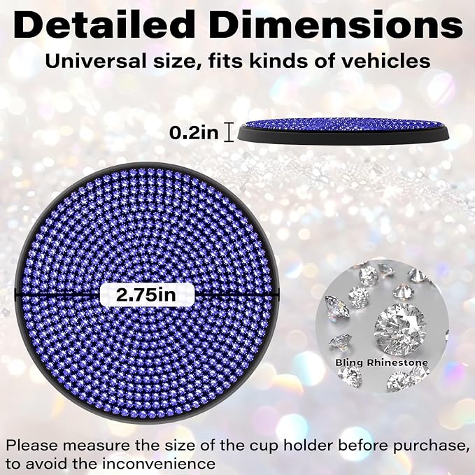 BFXM 4 PCS Bling Cup Holder Coaster, 2.75 inch Diamond Universal Non-Slip Silicone Cup Holder Coasters, Sparkly Bling Car Accessories for Women (Blue)