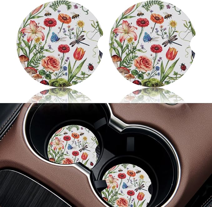 2 Pack Flower Car Coasters for Women Car Cup Holder Coasters, 2.63 Inch Anti Slip Ceramic Absorbent Coaster with Cork Base and Finger Notch, Cute Car Accessories Interior