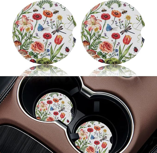 2 Pack Flower Car Coasters for Women Car Cup Holder Coasters, 2.63 Inch Anti Slip Ceramic Absorbent Coaster with Cork Base and Finger Notch, Cute Car Accessories Interior