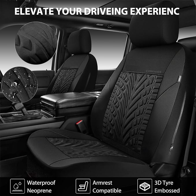 CAR PASS Neoprene Waterproof Seat Covers Full Sets, Wetsuit Car Seat Covers 5 Seats Universal Fit for Vans, Truck, SUV, 3D Tyre Embossed Seat Covers Anti Slip with Armrests, Aibag Compatible(Black)