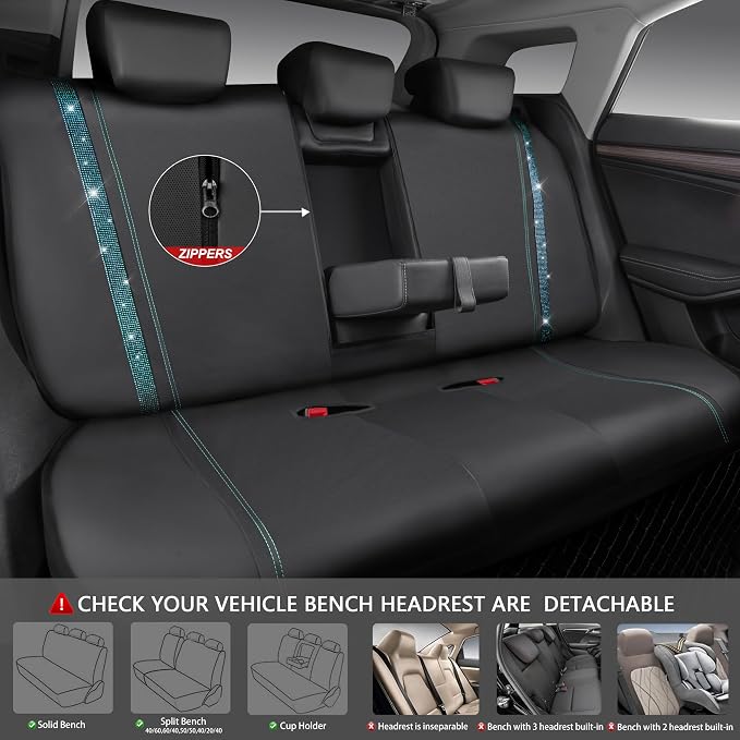 CAR PASS Bling Car Seat Covers Full Set, Shining Rhinestone Diamond Waterproof Faux Leather Universal Fit 95% Automotive Glitter Crystal Sparkle Strips for Cute Women Girl, Full Set (Mint Diamond)