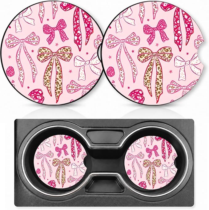 2PCS Bow Car Cup Holder Coasters Neoprene Car Coasters Universal | 2.75" Anti-Slip Rubber Mat with Finger Slot for Vehicle SUV Truck Fashion Cars Accessories Bow Gifts for Women Mem
