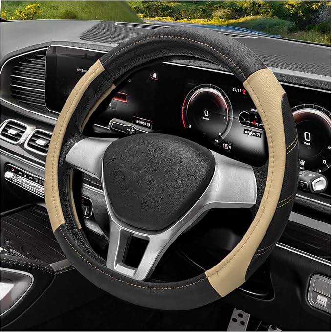 Sport Leather Steering Wheel Cover, 14.5-15 Inch Breathable Auto Steering Wheel Protector with Anti-Slip Lining, Soft Comfortable Leather Wheel Protector for Cars Trucks SUVs (Black & Beige)