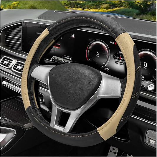 Sport Leather Steering Wheel Cover, 14.5-15 Inch Breathable Auto Steering Wheel Protector with Anti-Slip Lining, Soft Comfortable Leather Wheel Protector for Cars Trucks SUVs (Black & Beige)