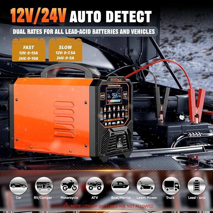 DCACNLE 12V/24V 0-15A Car Battery Charger Heavy Duty, Smart Trickle Charger | Automatic Maintaine, Desulfator with Overcharge Protection & Auto Shutoffs,Suitable for Various Vehicles&Lead Acid Batteries