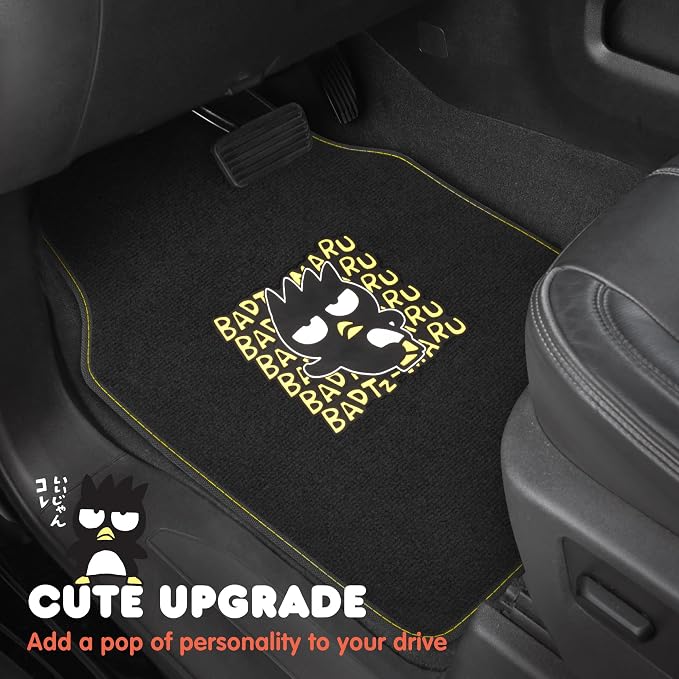 Badtz-Maru Carpet Car Floor Mats - Universal Fit for Cars, SUVs & Trucks - Black Hello Kitty Print Bad Badtz-Maru Accessories - Front & Rear Set, 4 Piece Cute Car Accessories