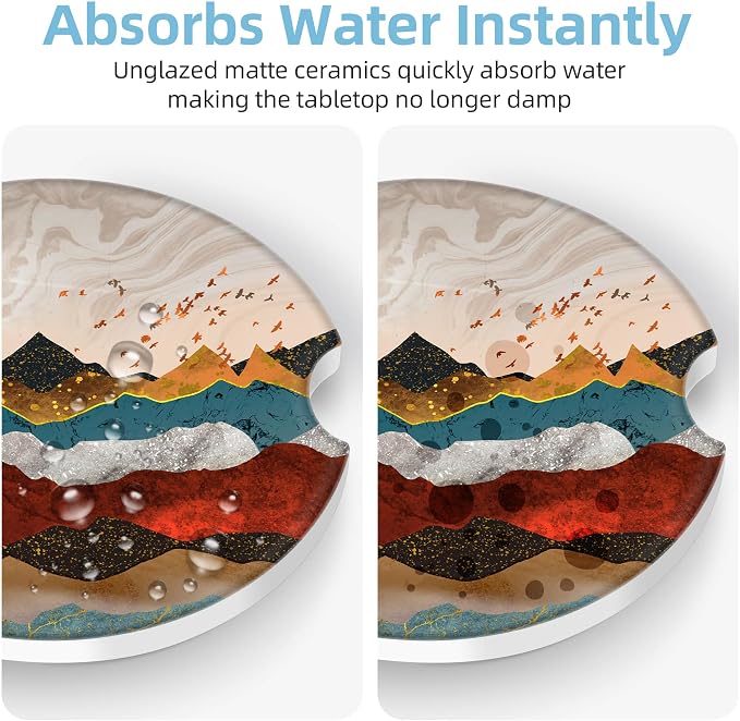 2 Pack Car Coasters for Cup Holders, 2.56" Universal Absorbent Ceramic Stone Car Cup Holder Coasters with Non-Slip Cork Base, Car Interior Accessories for Women Men(Mountains Nature Scenery)