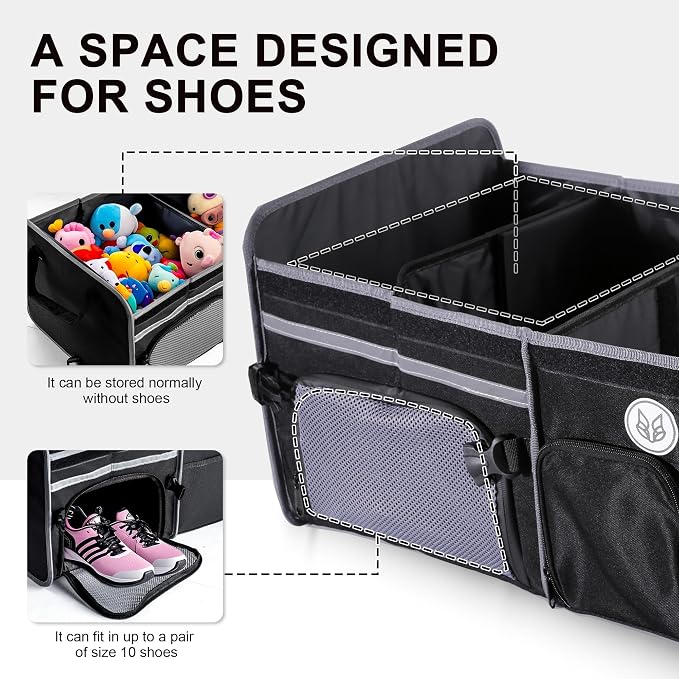 SugarFox Bold Color Block Trunk Organizer, Foldable with 26L Ice Pack,95L Dedicated Shoe Space, Stylish for SUV/Car (Black, Midsize)
