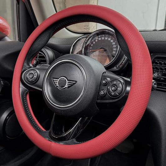 PINCTROT Large Size Nappa Leather Steering Wheel Cover, Slim Fit No Bulk Design, One Piece Leather with Breathable Perforation, Fit Like Gloves, 15.5-15.75 Inch(Nappa Rust Red)