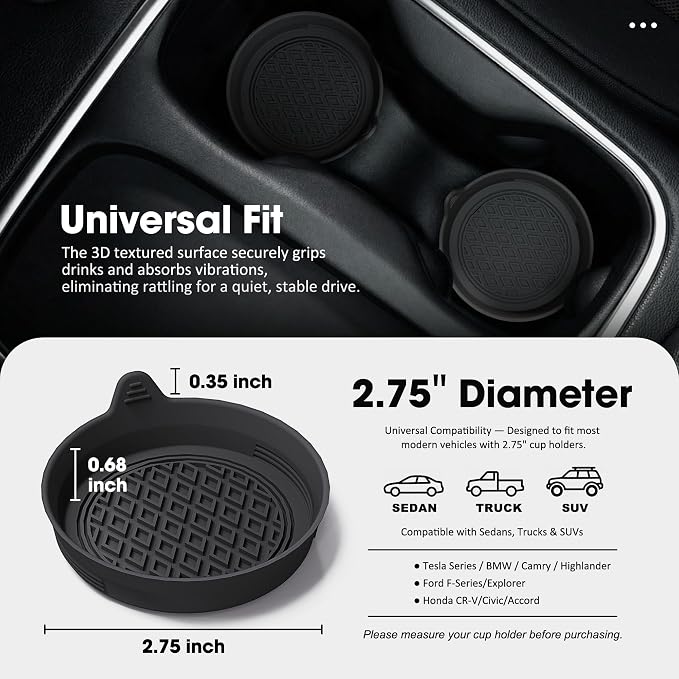 Lazebox 4-Pack Silicone Car Cup Holder Coasters, Universal Non-Slip Cup Holder Inserts, Anti-Rattle & Waterproof Car Interior Accessories, Fits Most Cars, SUVs & Trucks
