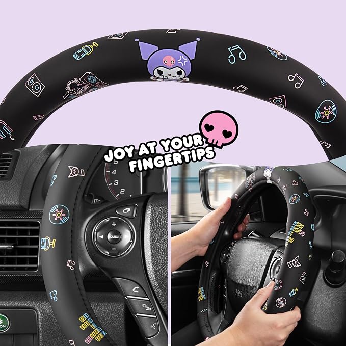 Sanrio Hello Kitty and Friends Kuromi Black Car Steering Wheel Cover, Universal Fit Cute Accessories for Women Stylish Decor Gifts Hello Kitty Accessories - Fits Standard Wheels 14.5"-15"