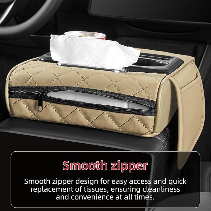 5 in 1 Nappa Leather Console Armrest Cover, Beige | Built-in cup holder, tissue slot, phone holder & 2 storage pockets, practical car accessories fit SUV sedan truck