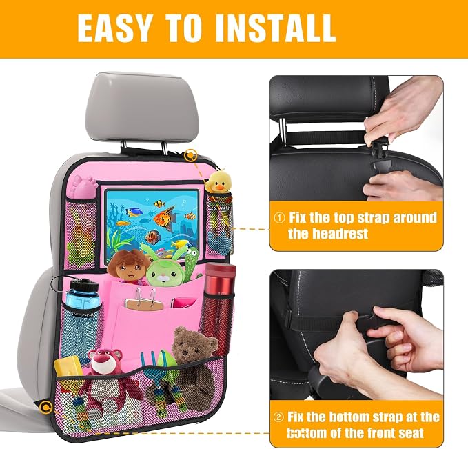 ULEEKA Car Backseat Organizer with 11" Table Holder, 10 Storage Pockets Seat Back Protectors Kick Mats for Kids Toddlers, Travel Accessories, 2 Pack, Pink
