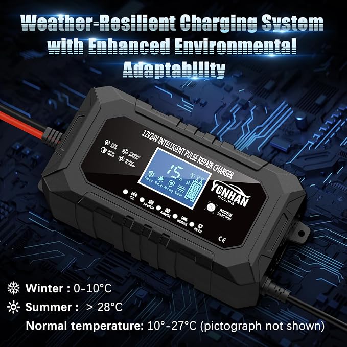 YONHAN 15-Amp 12V 24V Battery Charger LiFePO4 Trickle Charger | Car Battery Charger Fully-Automatic Smart Lead Acid Portable 9-Stage Smart Battery Maintainer with Temp Compensation