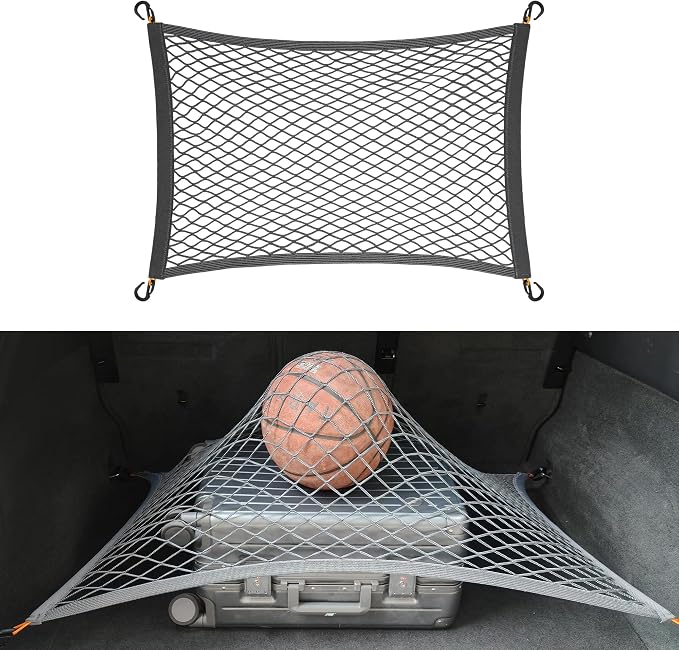 SUV Trunk Cargo Net 27.5x19.6 Inch Elastic Mesh with ABS Hooks Gray | Durable elastic mesh with ABS hooks, stretches to 49x43" fits most vehicles, tool-free install, keeps cargo stable