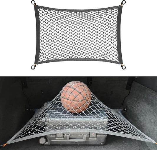 SUV Trunk Cargo Net 27.5x19.6 Inch Elastic Mesh with ABS Hooks Gray | Durable elastic mesh with ABS hooks, stretches to 49x43" fits most vehicles, tool-free install, keeps cargo stable