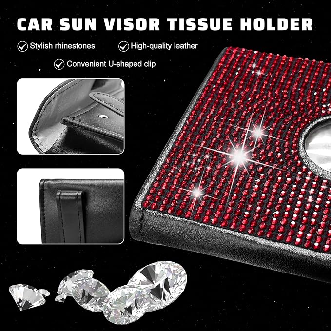 Bling Car Sun Visor Tissue Box Holder, Sparkling Auto Sun Visor Napkin Box Mask Holder, PU Leather Glitter Rhinestone Backseat Paper Towel Case for Cars Trucks SUVs (Red)