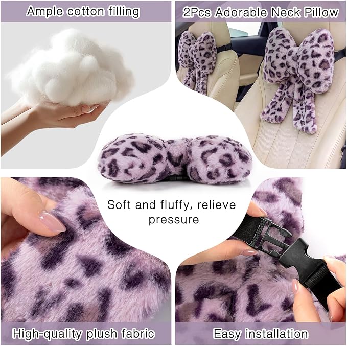 Macarrie 2 Pcs Car Neck Pillow Plush Butterfly Bow Car Headrest Pillow Comfortable Seat Neck Support Cute Head Rest Accessories for Driving Travel Driver Chair Girl Interior Decor(Purple,Leopard)